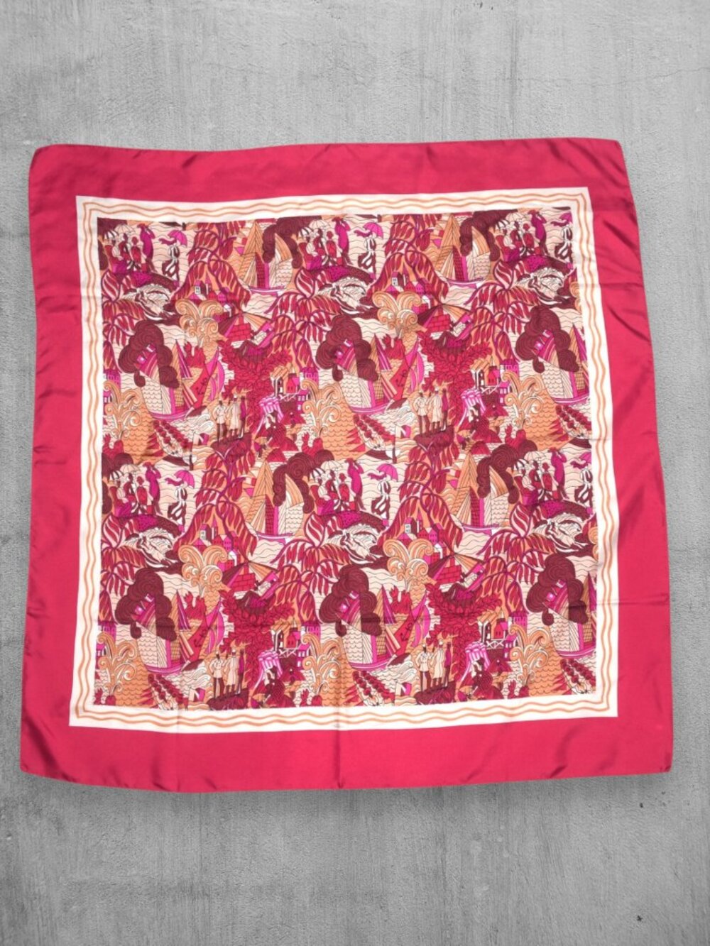 Brochier Soieries Silk Scarf made in France Dufy Deauville Red Brown Magenta